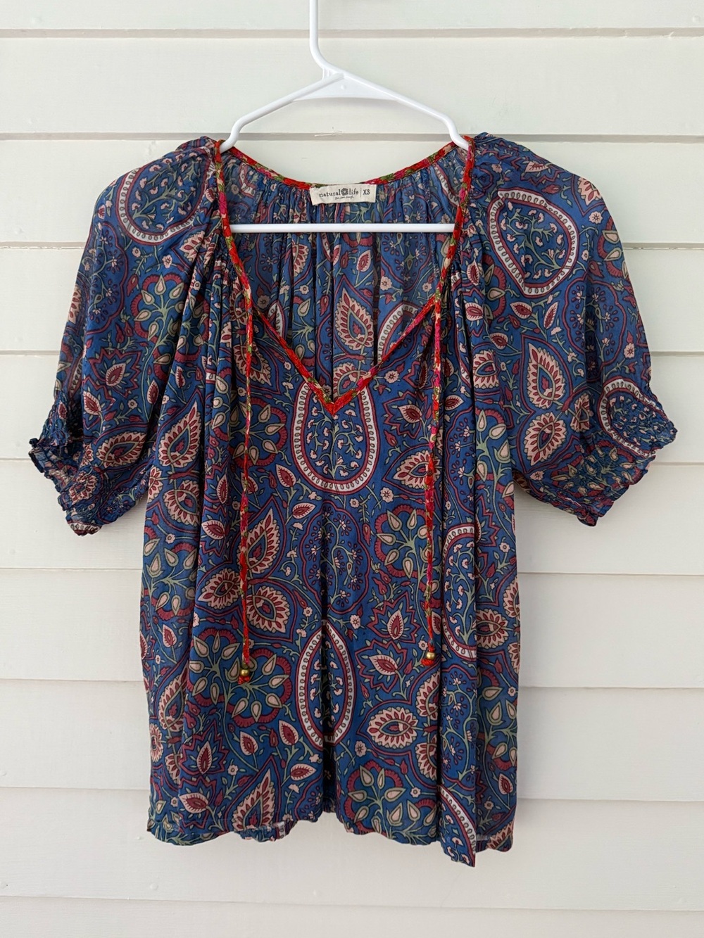 Natural Life | Blue Paisley Boho Peasant Top XS Puff Sleeve Blouse
